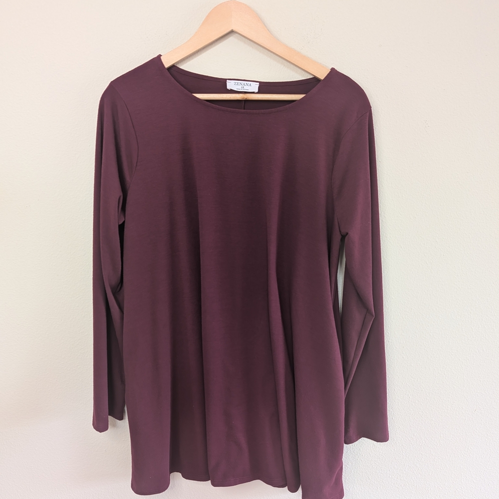 Zenana Womens 1X Burgundy Long Sleeve Tunic Top Stretch Basic